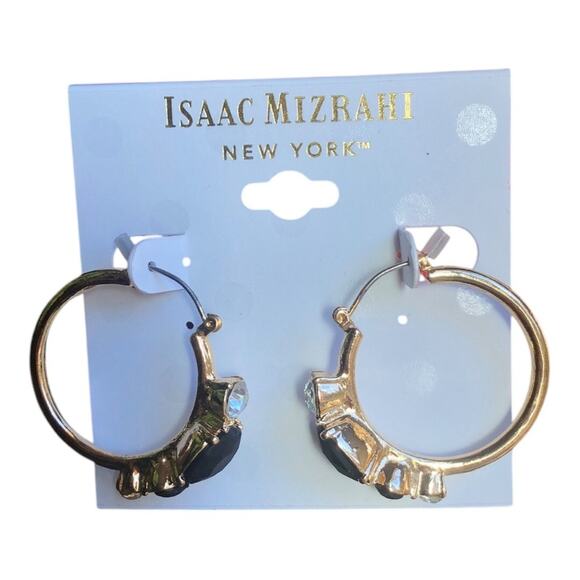 Isaac Mizrahi NWT Gold Tone Clear Rhinestones Black Stones Hoop Earrings - Picture 2 of 10
